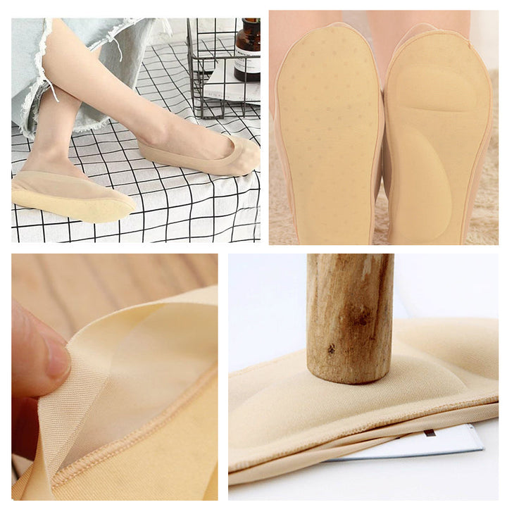 "Damsockor med 3D fotmassage och vaddering i bomull, osynliga design med anti-glid silikon och andningsbart meshmaterial."