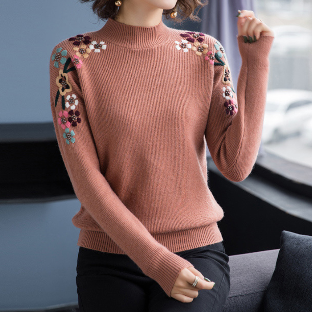 Bekväm stickad damtröja för höstmode med vackert blommönster, långärmad pullover.