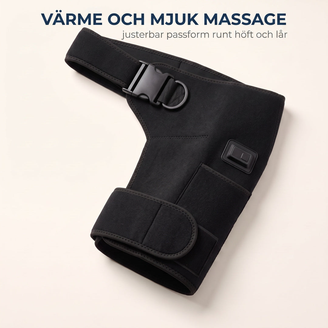 Svart värmegördel med text som visar funktioner för värme och mjuk massage