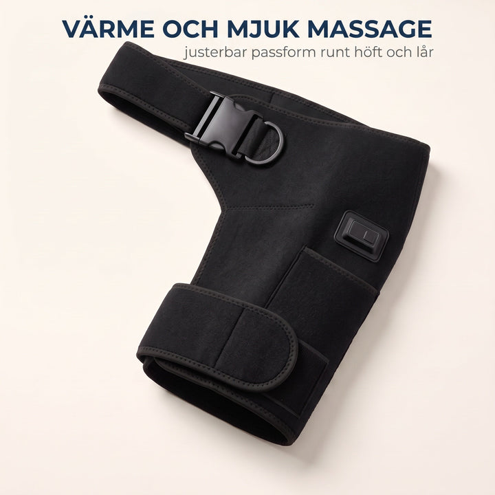 Svart värmegördel med text som visar funktioner för värme och mjuk massage