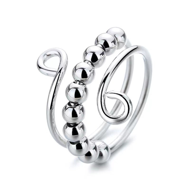 "Dekompressionsring för damer med dubbla pärlor, glittrande zirkon, sterling silver med platinaplätering, justerbar storlek."