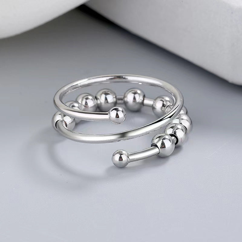 "Dekompressionsring för damer med dubbla pärlor, glittrande zirkon, sterling silver med platinaplätering, justerbar storlek."