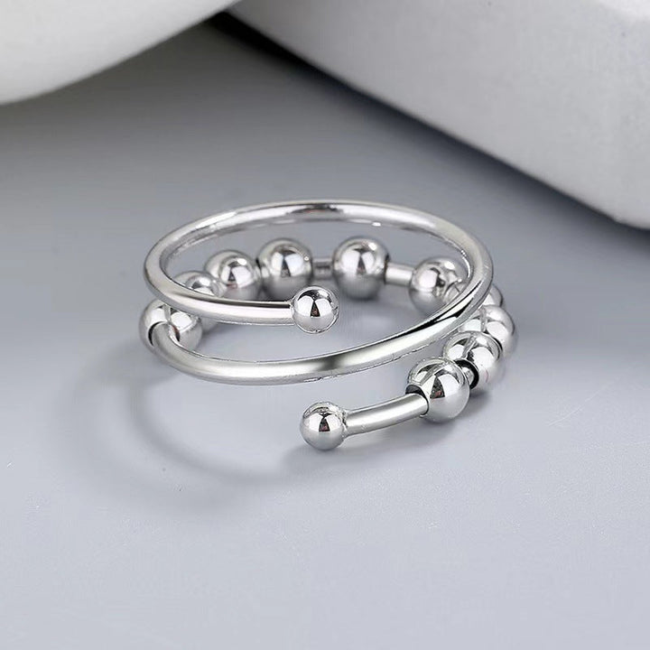 "Dekompressionsring för damer med dubbla pärlor, glittrande zirkon, sterling silver med platinaplätering, justerbar storlek."