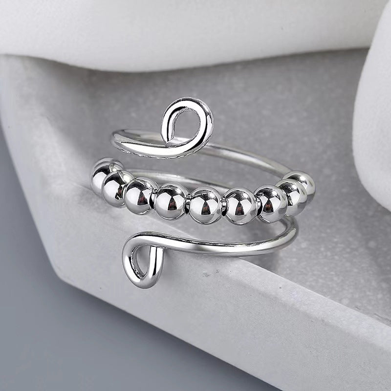 "Dekompressionsring för damer med dubbla pärlor, glittrande zirkon, sterling silver med platinaplätering, justerbar storlek."