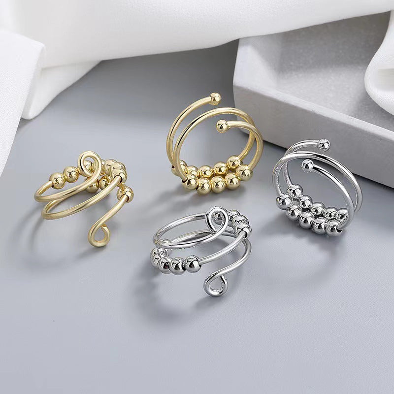 "Dekompressionsring för damer med dubbla pärlor, glittrande zirkon, sterling silver med platinaplätering, justerbar storlek."