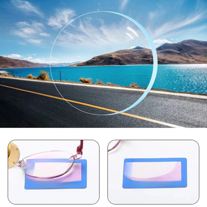 Närbild på transparent glasögonlins med blåljusfilter mot naturlandskap