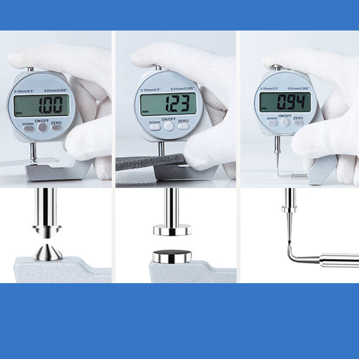 Digital display tjockleksmätare med stor LCD, mäter materialtjocklek som läder och papper, kompakt och lättanvänd.