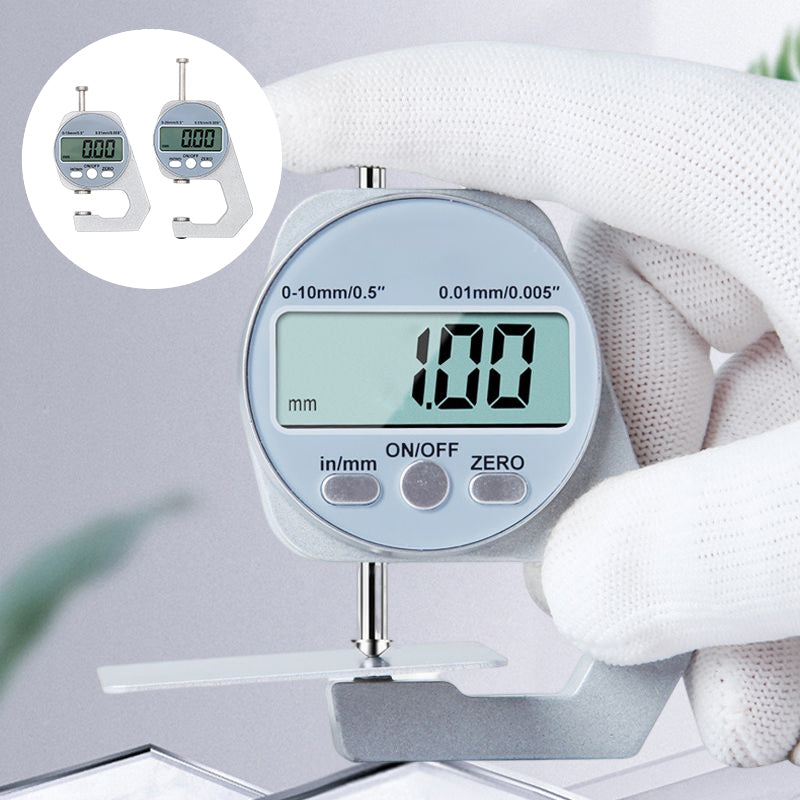 Digital display tjockleksmätare med stor LCD, mäter materialtjocklek som läder och papper, kompakt och lättanvänd.