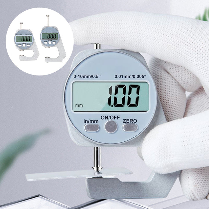Digital display tjockleksmätare med stor LCD, mäter materialtjocklek som läder och papper, kompakt och lättanvänd.