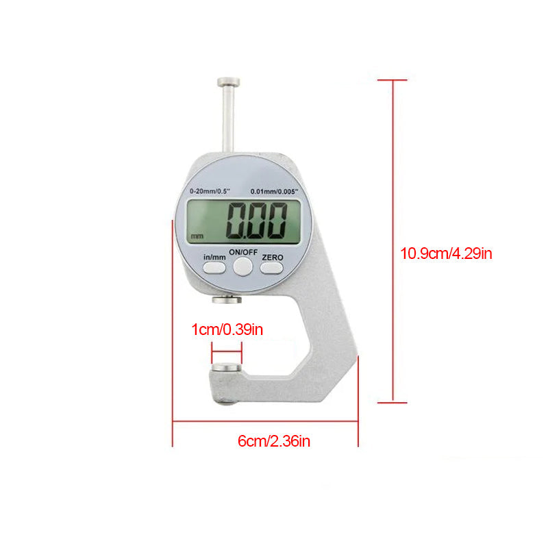 Digital display tjockleksmätare med stor LCD, mäter materialtjocklek som läder och papper, kompakt och lättanvänd.