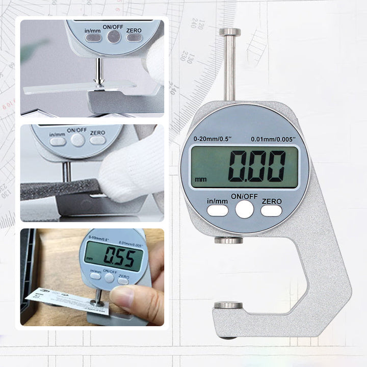 Digital display tjockleksmätare med stor LCD, mäter materialtjocklek som läder och papper, kompakt och lättanvänd.