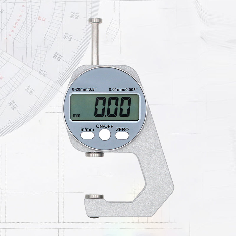 Digital display tjockleksmätare med stor LCD, mäter materialtjocklek som läder och papper, kompakt och lättanvänd.