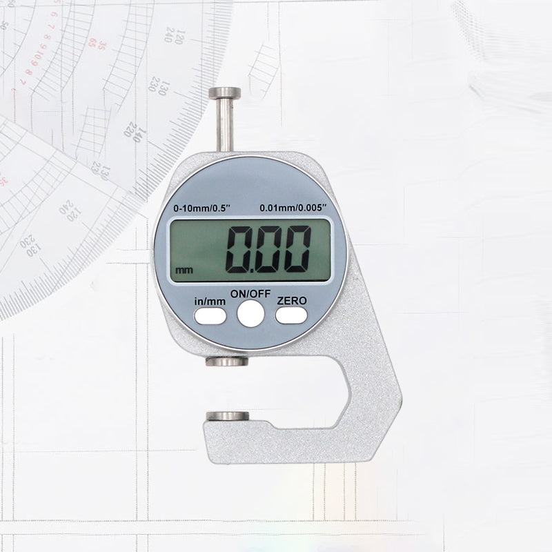 Digital display tjockleksmätare med stor LCD, mäter materialtjocklek som läder och papper, kompakt och lättanvänd.