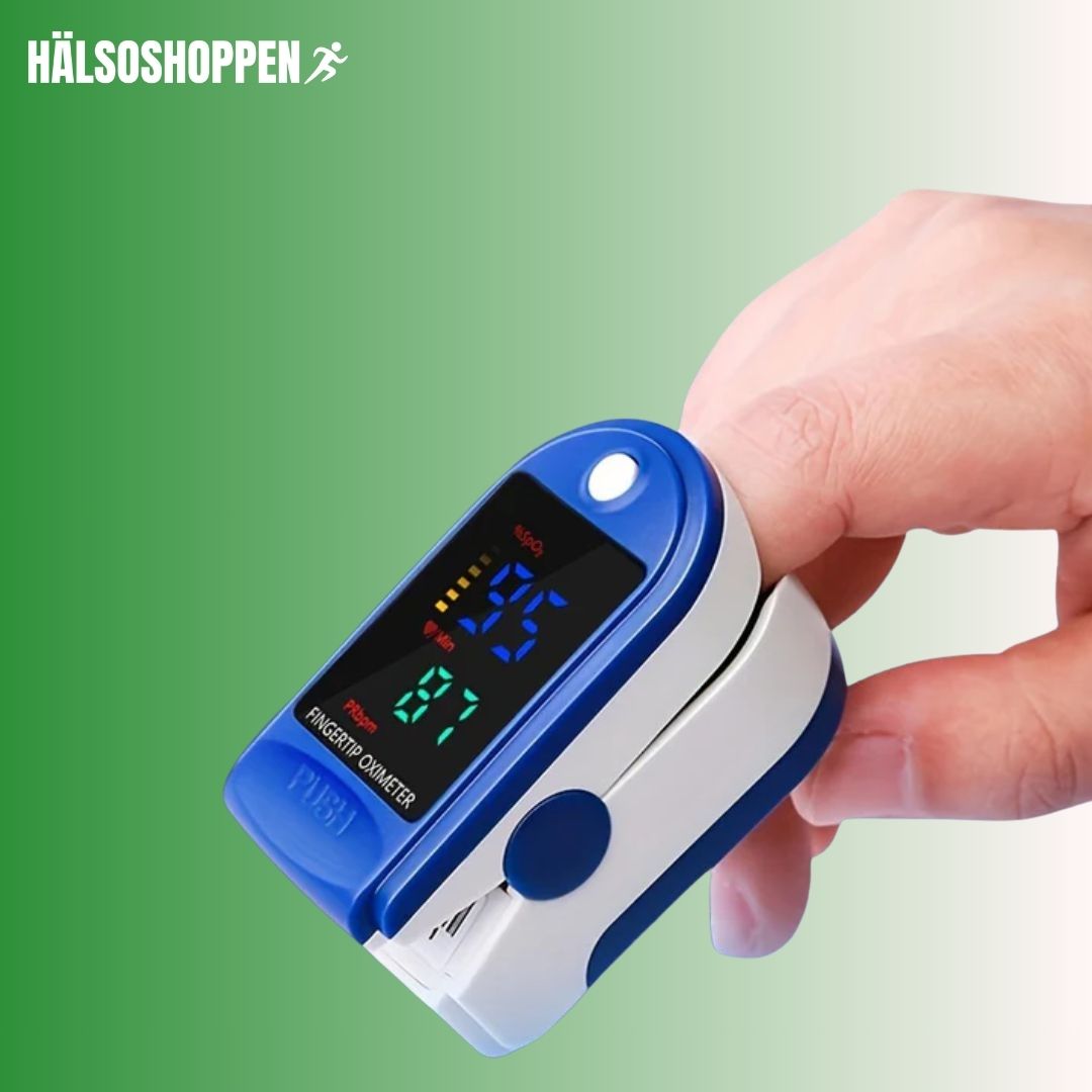 Portabel pulsoximeter med digital display för exakt mätning av SpO2 och puls. För hälsoövervakning.