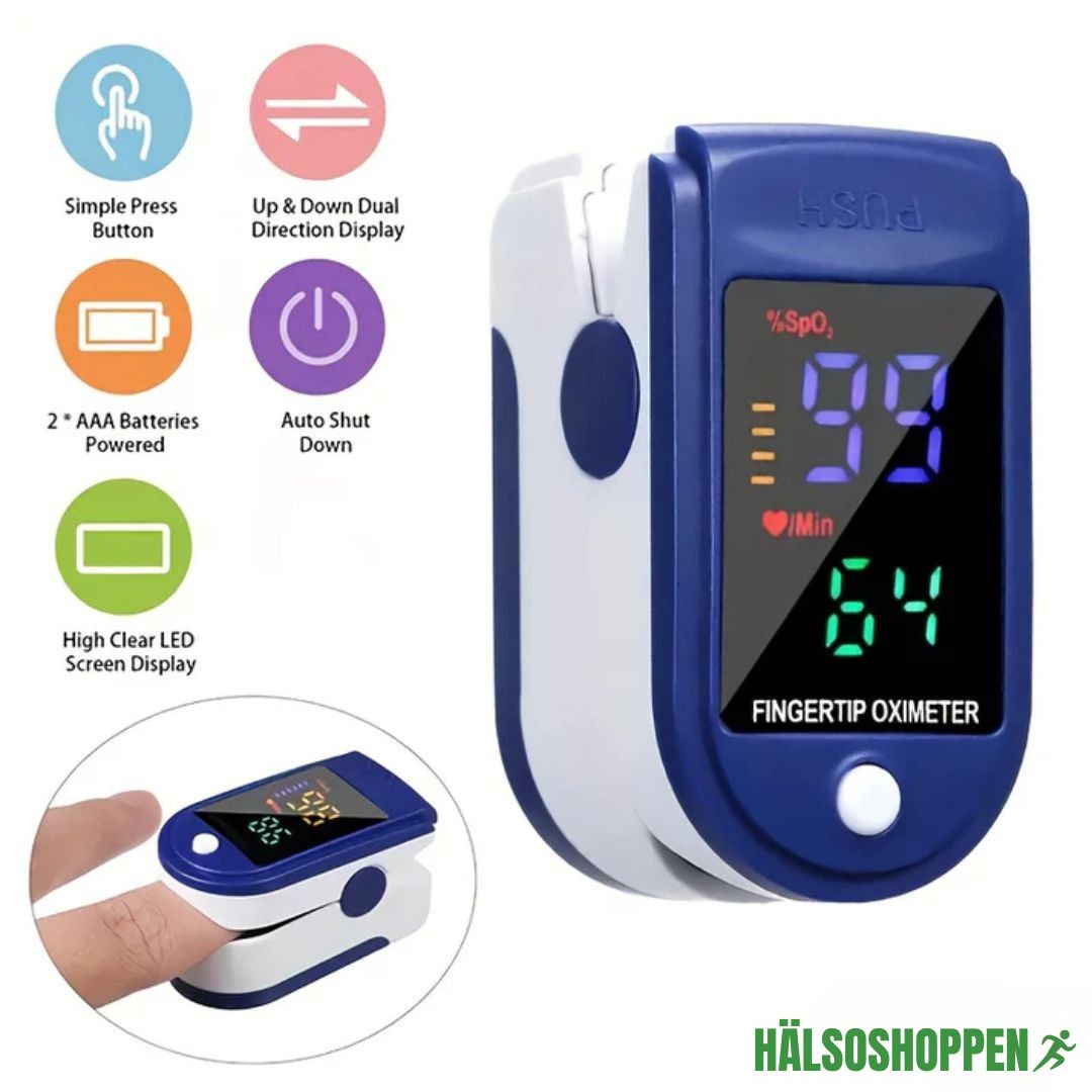 Fingertoppsyremätare & pulsmätare. Kompakt, digital enhet för daglig wellness och övervakning av SpO2.