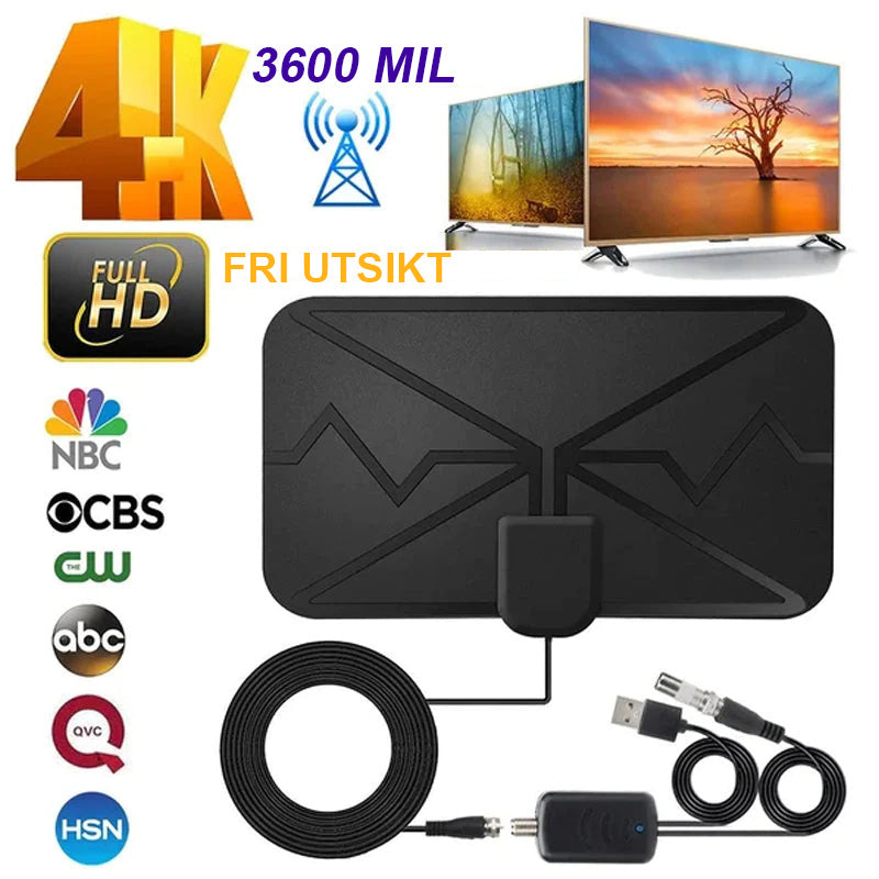 Digital HDTV-antenn 4K, kompakt svart design för kristallklar mottagning, enkel installation och placering vid TV:n eller fönstret.