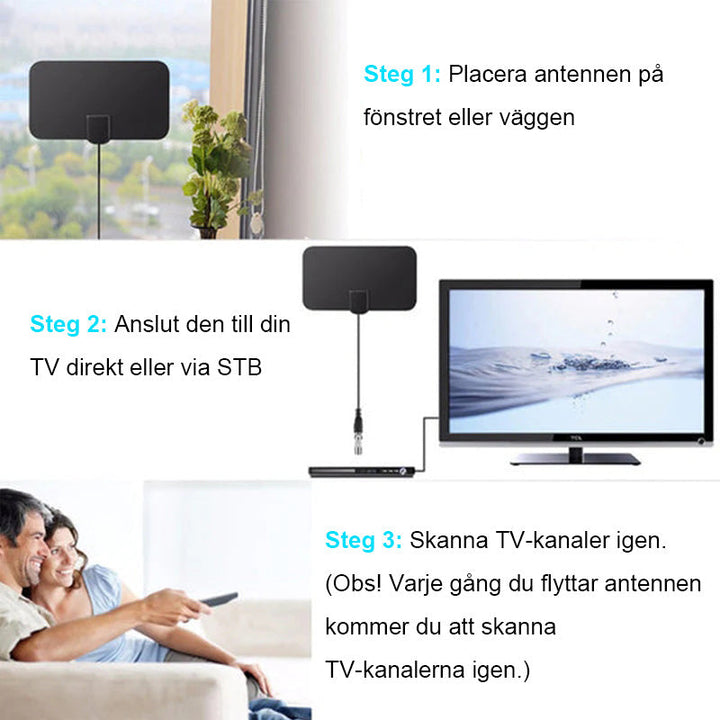 Digital HDTV-antenn 4K, kompakt svart design för kristallklar mottagning, enkel installation och placering vid TV:n eller fönstret.