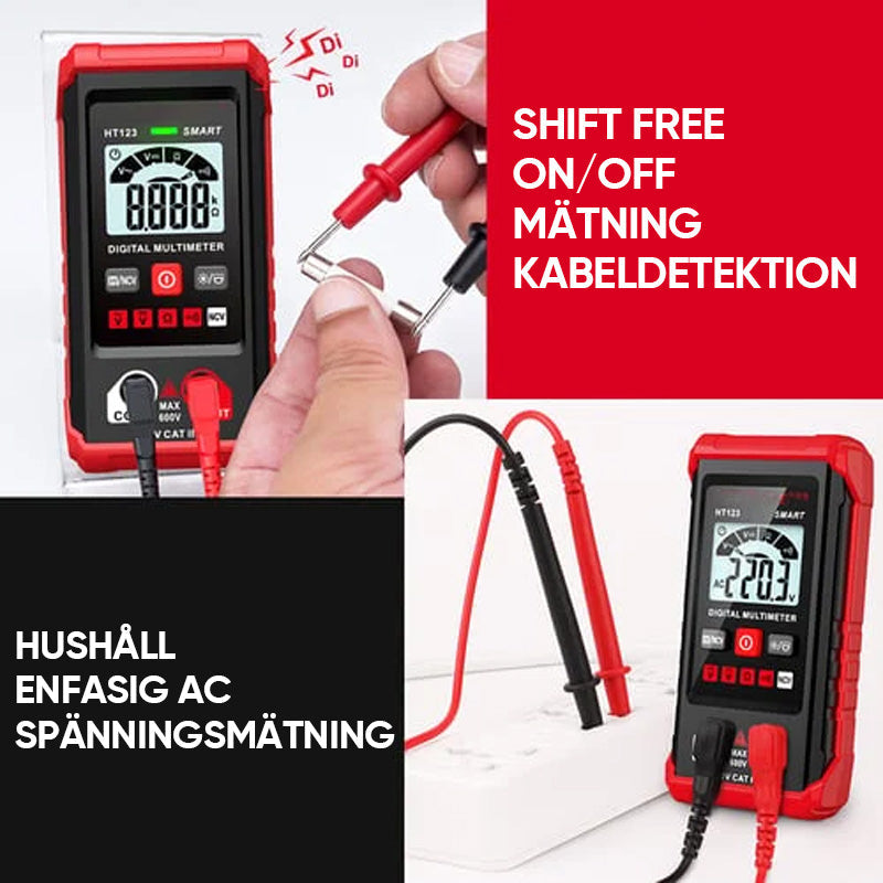 "Digital multimeter för elektrisk mätning, med smart autoläge, stor display och robust design för exakta och snabba resultat.