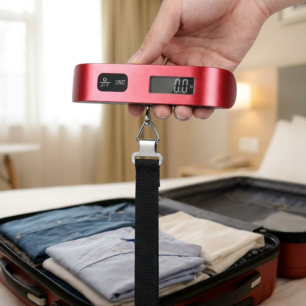 Digital resevåg för bagage, kompakt och användarvänlig. Perfekt för att undvika dyra överviktsavgifter på resan.