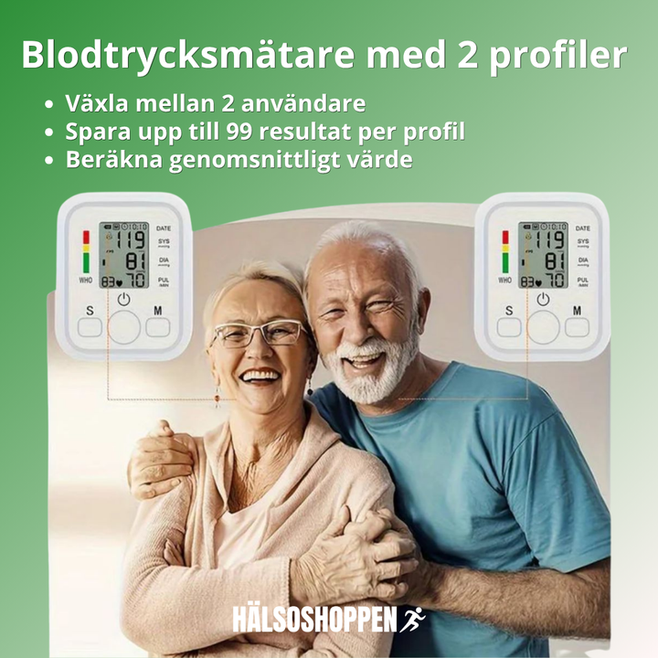 Digital blodtrycksmätare med tydlig display och minnesfunktion för daglig hälsokontroll hemma.