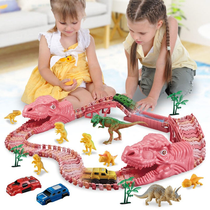 "Dinosaurie Loppbana för barn med snurrande spår och LED bilstöd, färgglad bana stimulerar kreativitet och motorik."