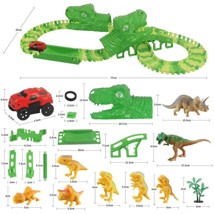 "Dinosaurie Loppbana för barn med snurrande spår och LED bilstöd, färgglad bana stimulerar kreativitet och motorik."