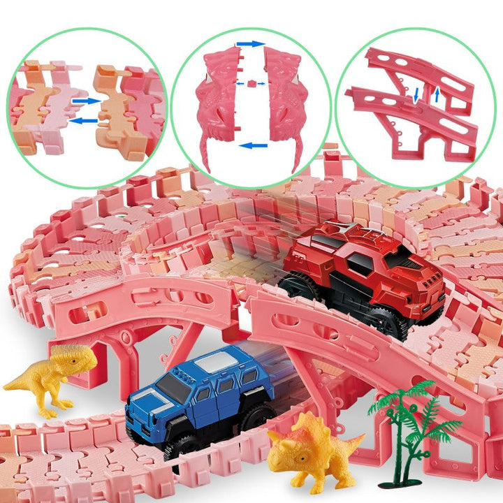 "Dinosaurie Loppbana för barn med snurrande spår och LED bilstöd, färgglad bana stimulerar kreativitet och motorik."