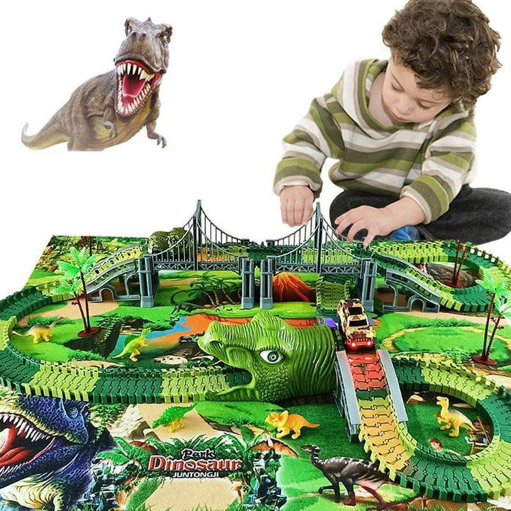 "Dinosaurie Loppbana för barn med snurrande spår och LED bilstöd, färgglad bana stimulerar kreativitet och motorik."