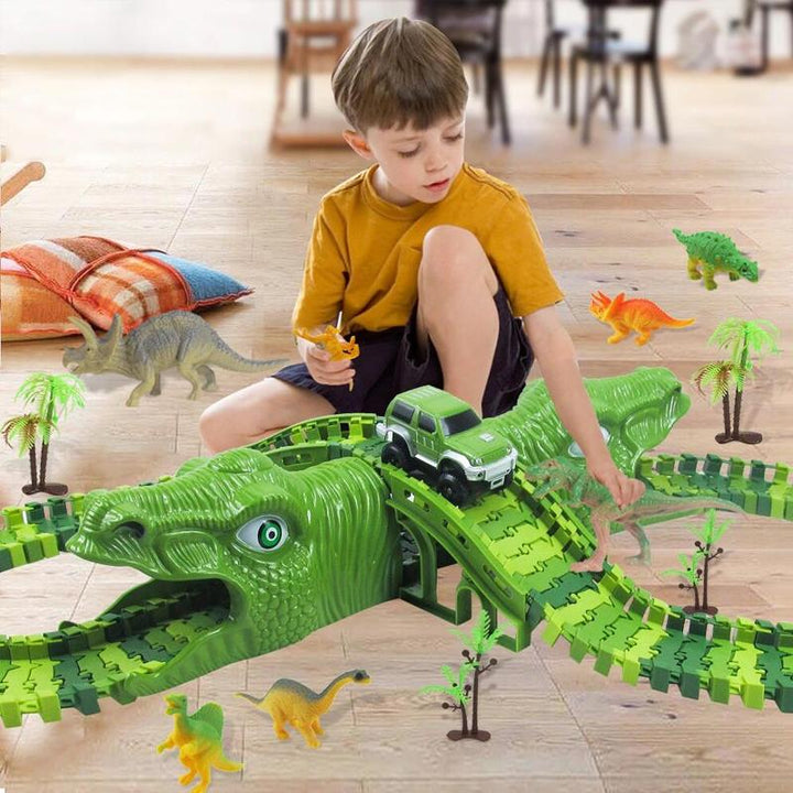 "Dinosaurie Loppbana för barn med snurrande spår och LED bilstöd, färgglad bana stimulerar kreativitet och motorik."