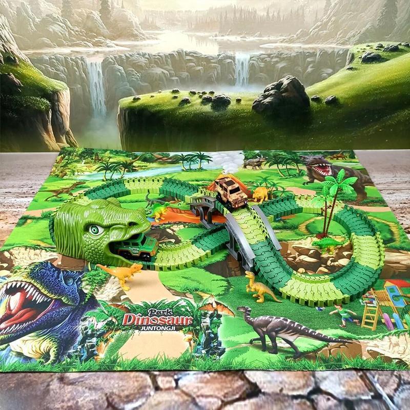 "Dinosaurie Loppbana för barn med snurrande spår och LED bilstöd, färgglad bana stimulerar kreativitet och motorik."
