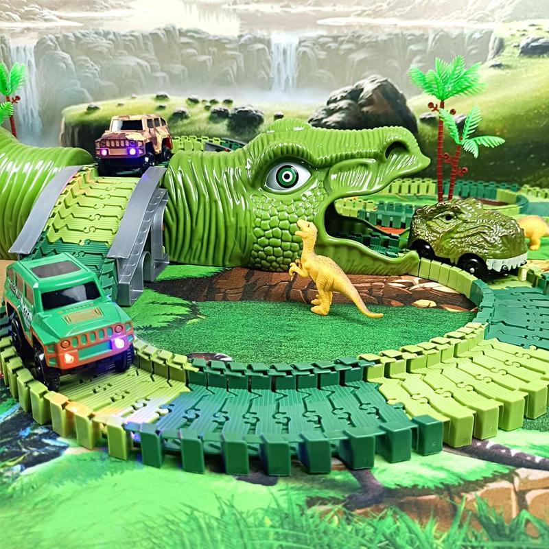 "Dinosaurie Loppbana för barn med snurrande spår och LED bilstöd, färgglad bana stimulerar kreativitet och motorik."