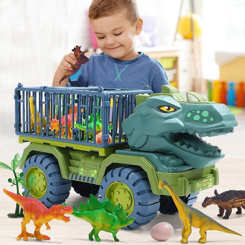 "Dinosaurie transport lastbil lekset för barn med stort T-Rex-huvud, öppningsbar bur och friktionsdrivna bilar."