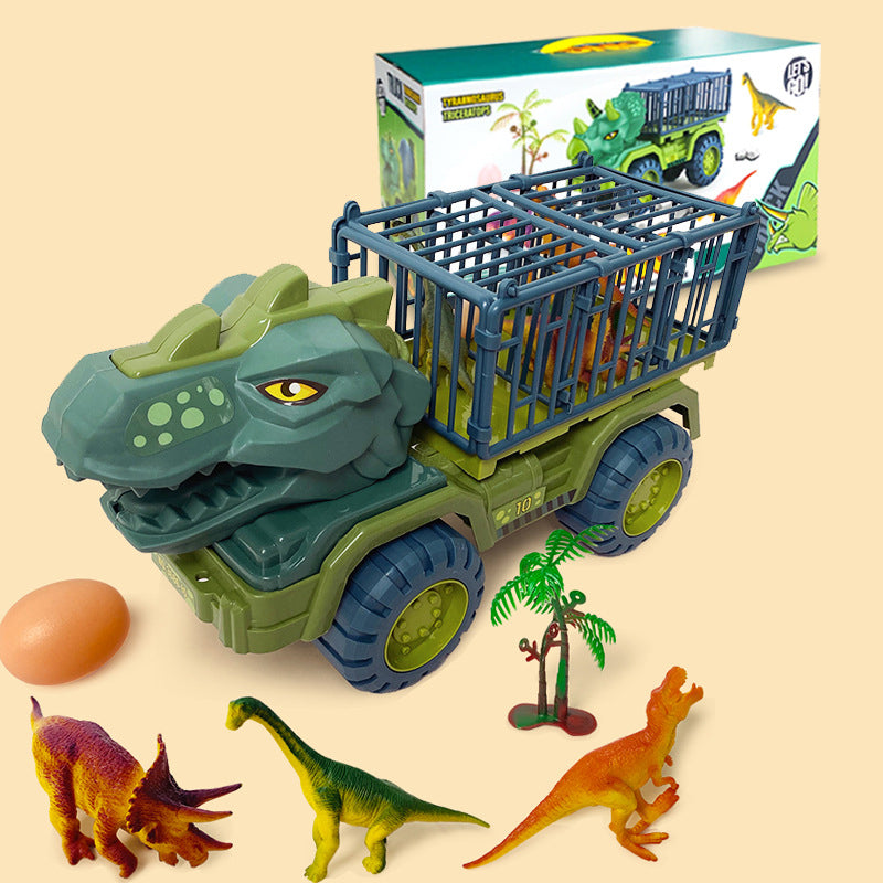 "Dinosaurie transport lastbil lekset för barn med stort T-Rex-huvud, öppningsbar bur och friktionsdrivna bilar."