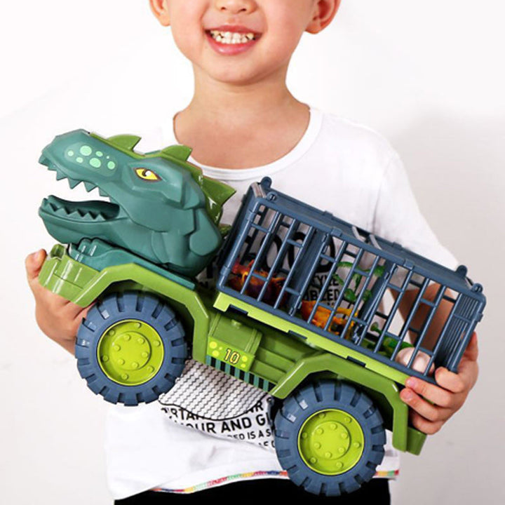 "Dinosaurie transport lastbil lekset för barn med stort T-Rex-huvud, öppningsbar bur och friktionsdrivna bilar."