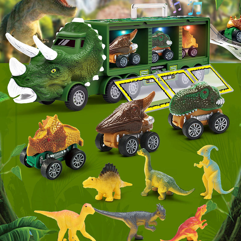 "Dinosaurie transportör med ljus och ljud för barn, grön leksaksbil med dinosauriedetaljer och bärhandtag."