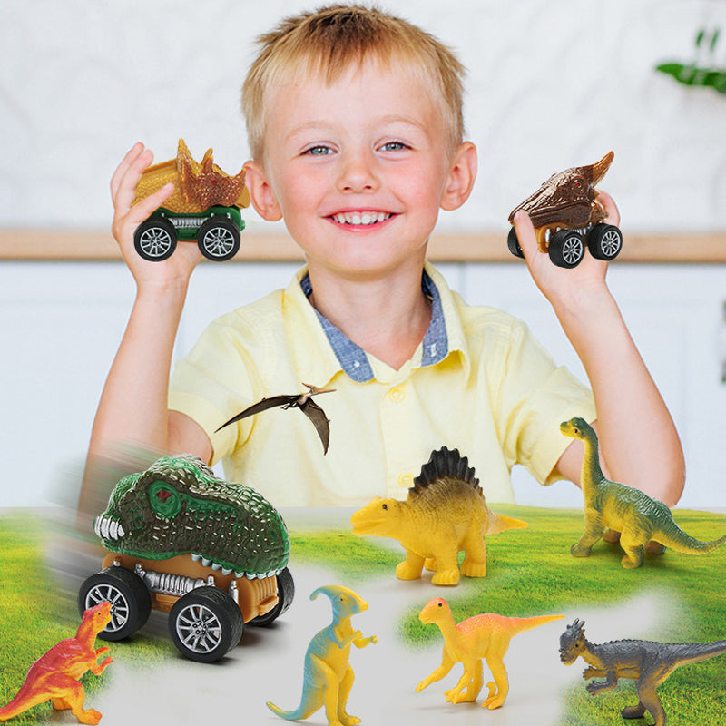 "Dinosaurie transportör med ljus och ljud för barn, grön leksaksbil med dinosauriedetaljer och bärhandtag."