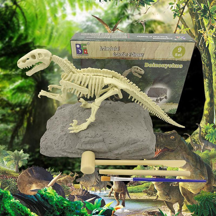 "Dinosauriefossil leksaker för barn, DIY kit med verktyg, pedagogisk arkeologisk upplevelse med grävbara fossilbitar."