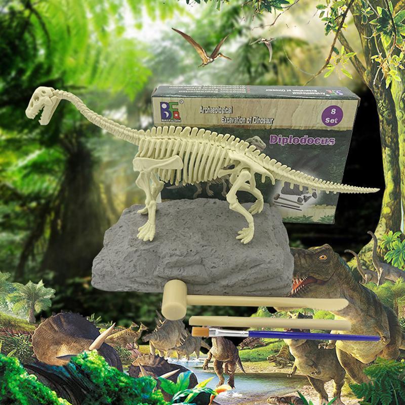 "Dinosauriefossil leksaker för barn, DIY kit med verktyg, pedagogisk arkeologisk upplevelse med grävbara fossilbitar."