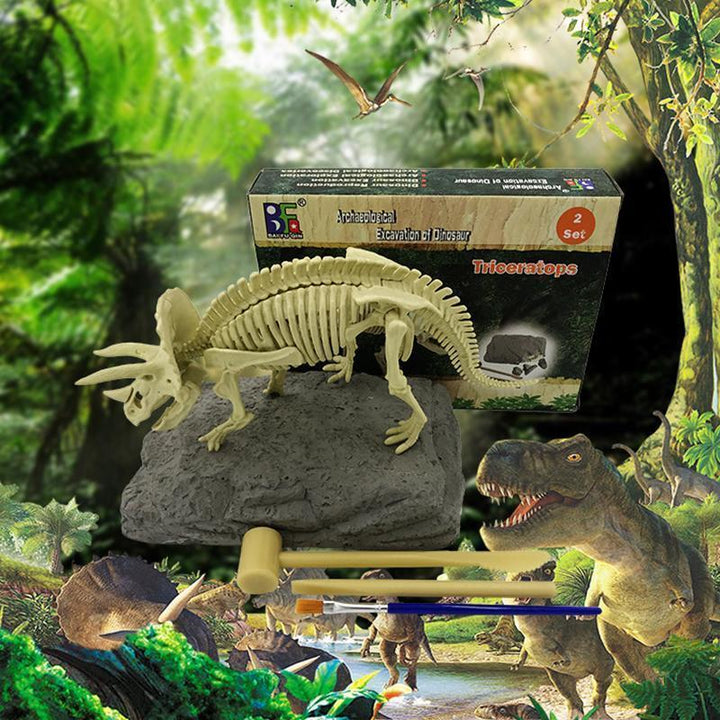 "Dinosauriefossil leksaker för barn, DIY kit med verktyg, pedagogisk arkeologisk upplevelse med grävbara fossilbitar."