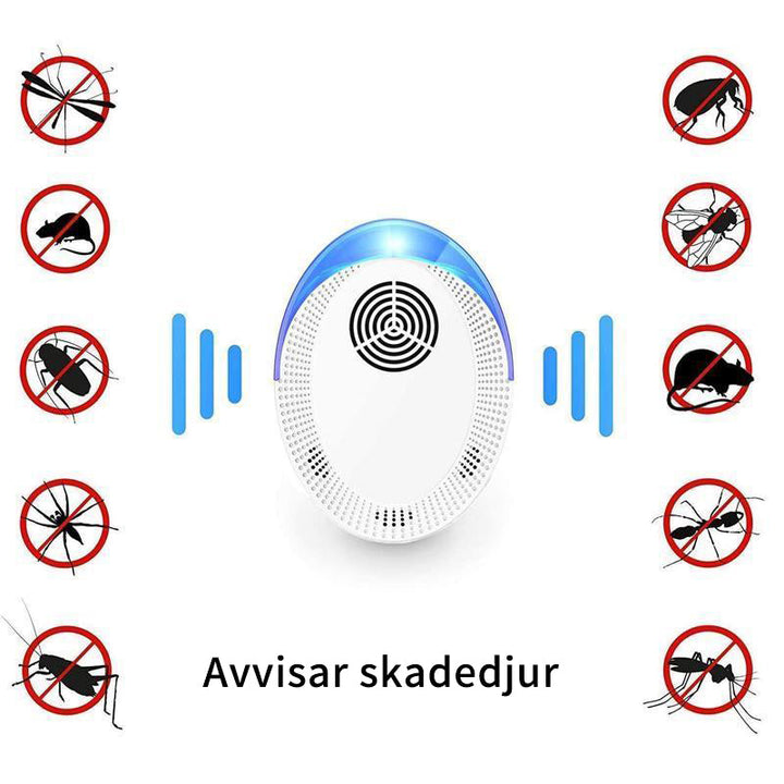 "Diskret elektroniskt ultraljud skadedjursavskräckare för effektivt hemmaskydd, modern design, vit med blå LED-lampa."