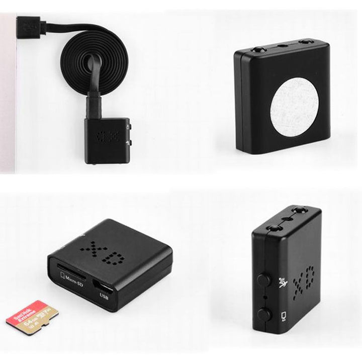 Liten säkerhetskamera med rörelsedetektering, perfekt för kontorsövervakning och spionkamerafunktion.