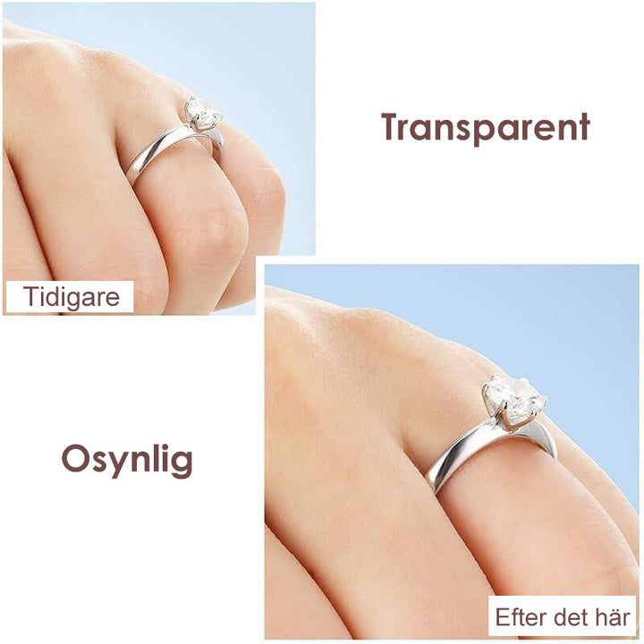 "Diskret ringjusterare i transparent TPU, ger perfekt passform och komfort för både herr- och damringar."