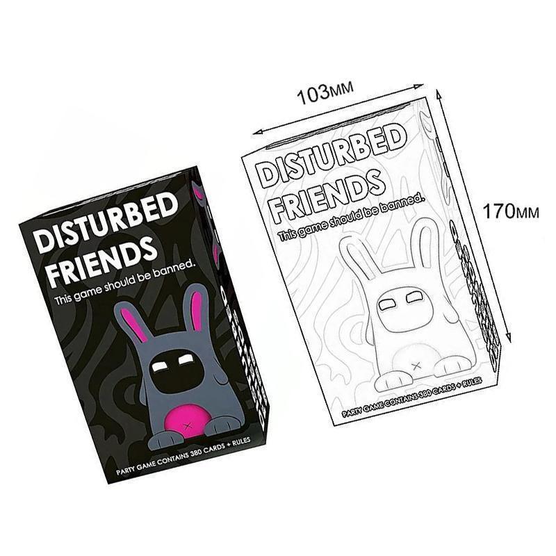 "Disturbed Friends festspel för vuxna med färgglada spelkort och störande frågor, perfekt för roliga spelkvällar."