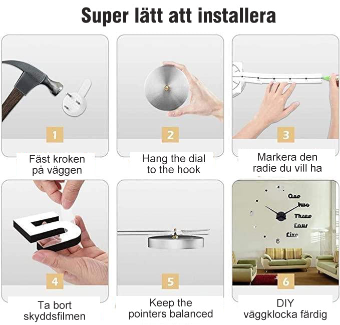 DIY dekorativ väggklocka med justerbar 3D-design i akryl, svart och guld för modern heminredning