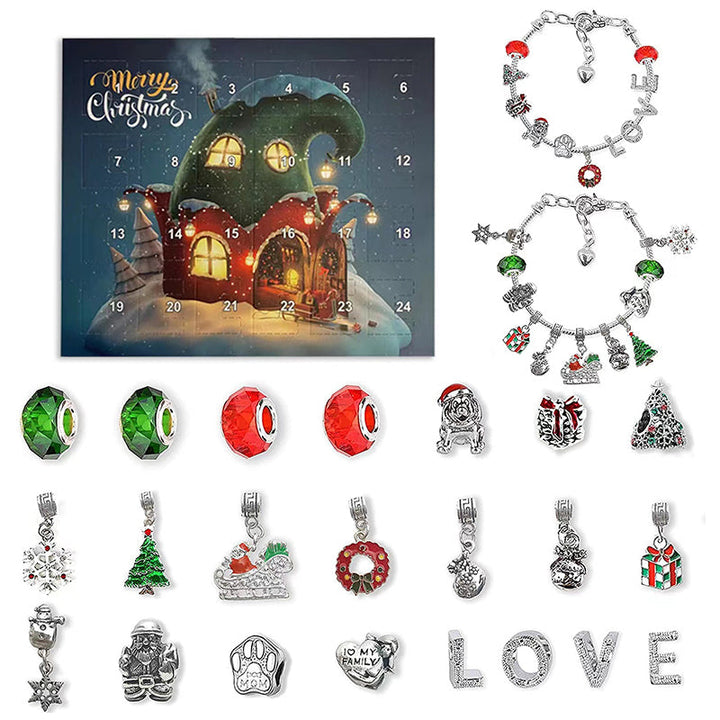 DIY Jul Adventskalender armbandskit för flickor med färgglada pärlor och charms, perfekt för kreativa smycken.