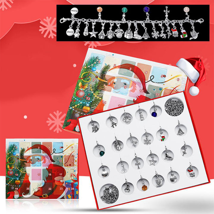 "DIY jularmband adventskalender för barn med charmarmband, snögubbe och jultomtemotiv i färgglad förpackning."