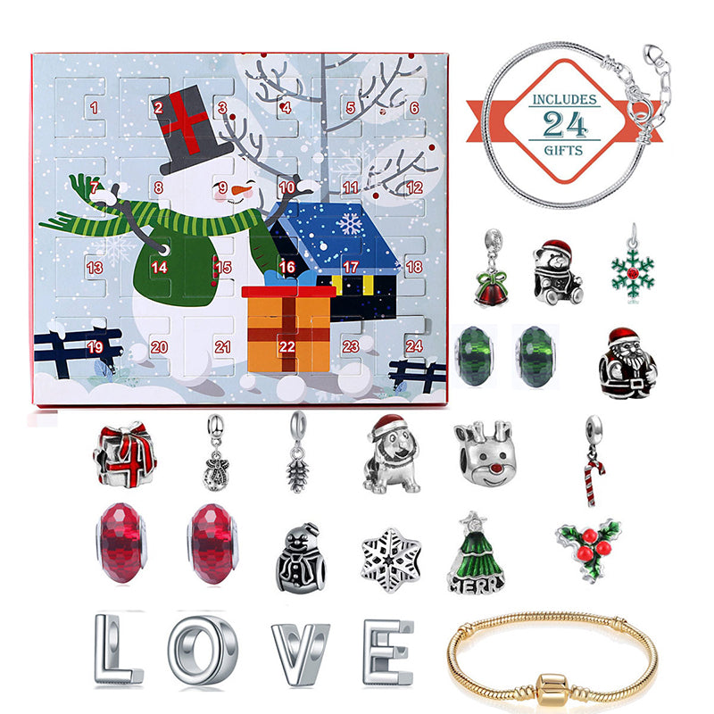 "DIY jularmband adventskalender för barn med charmarmband, snögubbe och jultomtemotiv i färgglad förpackning."