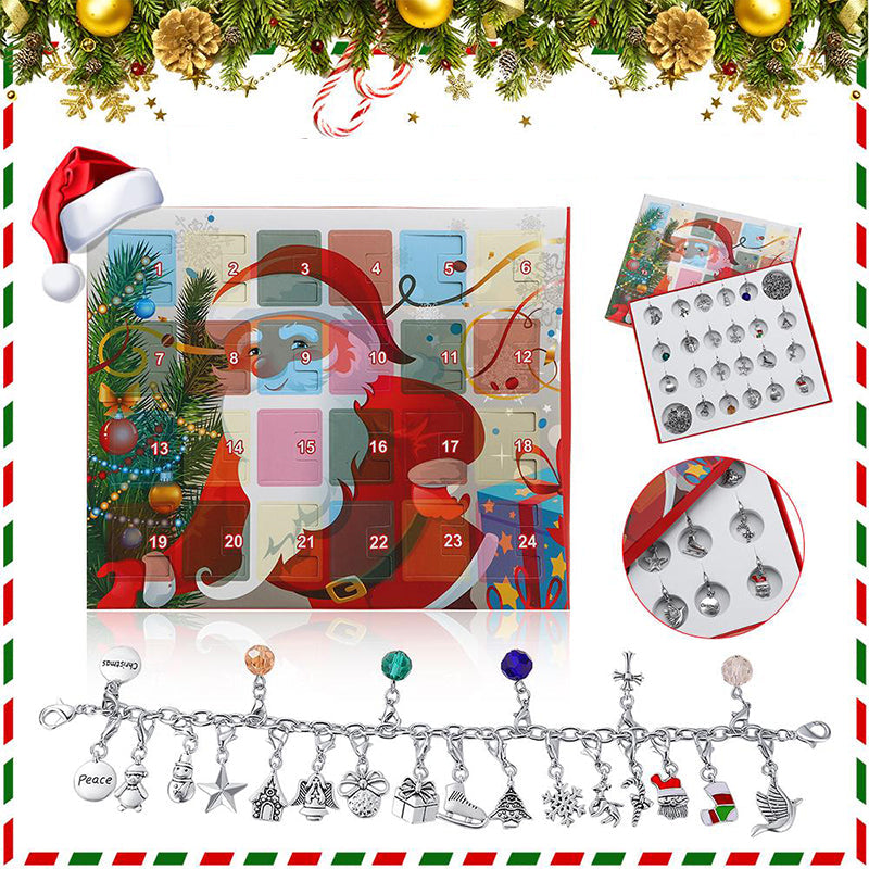 "DIY jularmband adventskalender för barn med charmarmband, snögubbe och jultomtemotiv i färgglad förpackning."