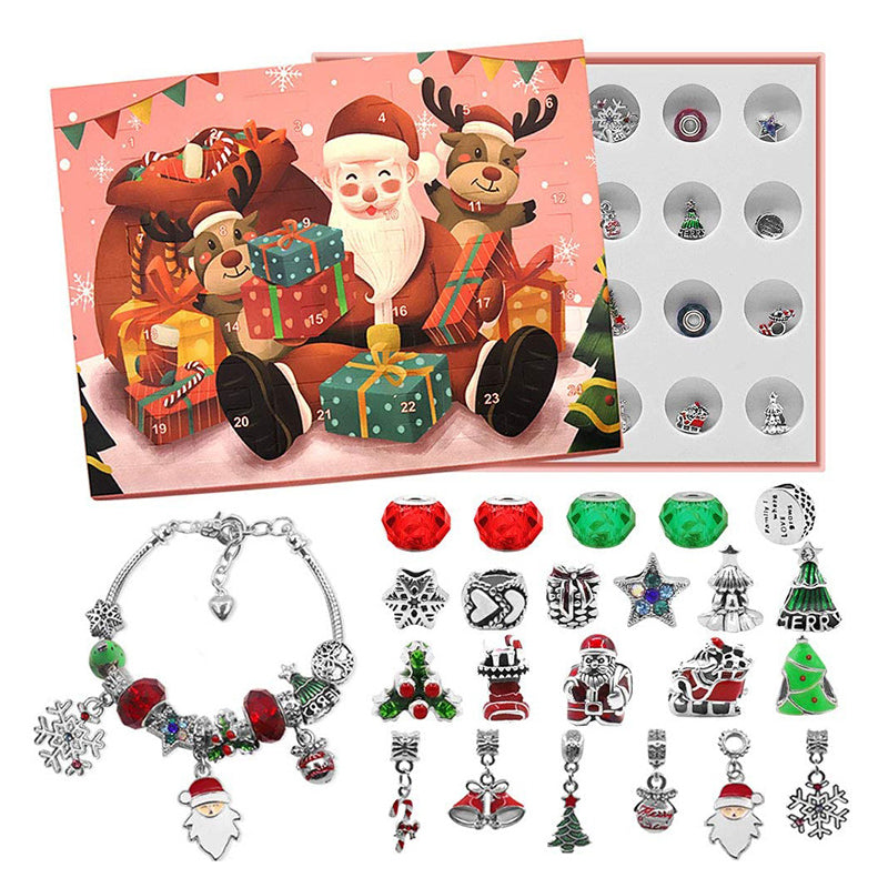 "DIY jularmband adventskalender för barn med charmarmband, snögubbe och jultomtemotiv i färgglad förpackning."