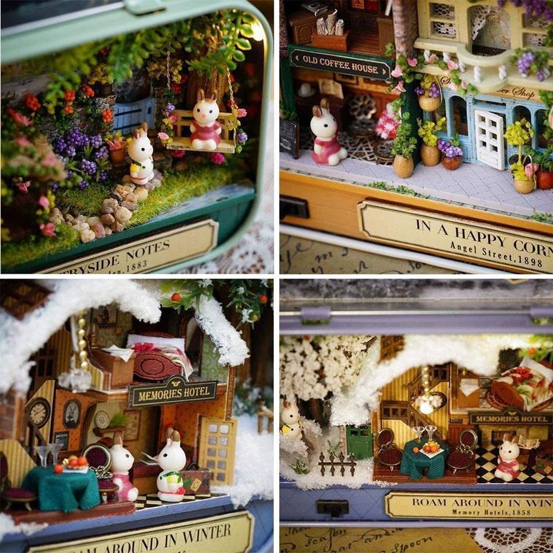 "DIY miniatyr dockhus för barn och vuxna med LED, trä och plastdetaljer, upplysta interiörer, kreativ byggsats"